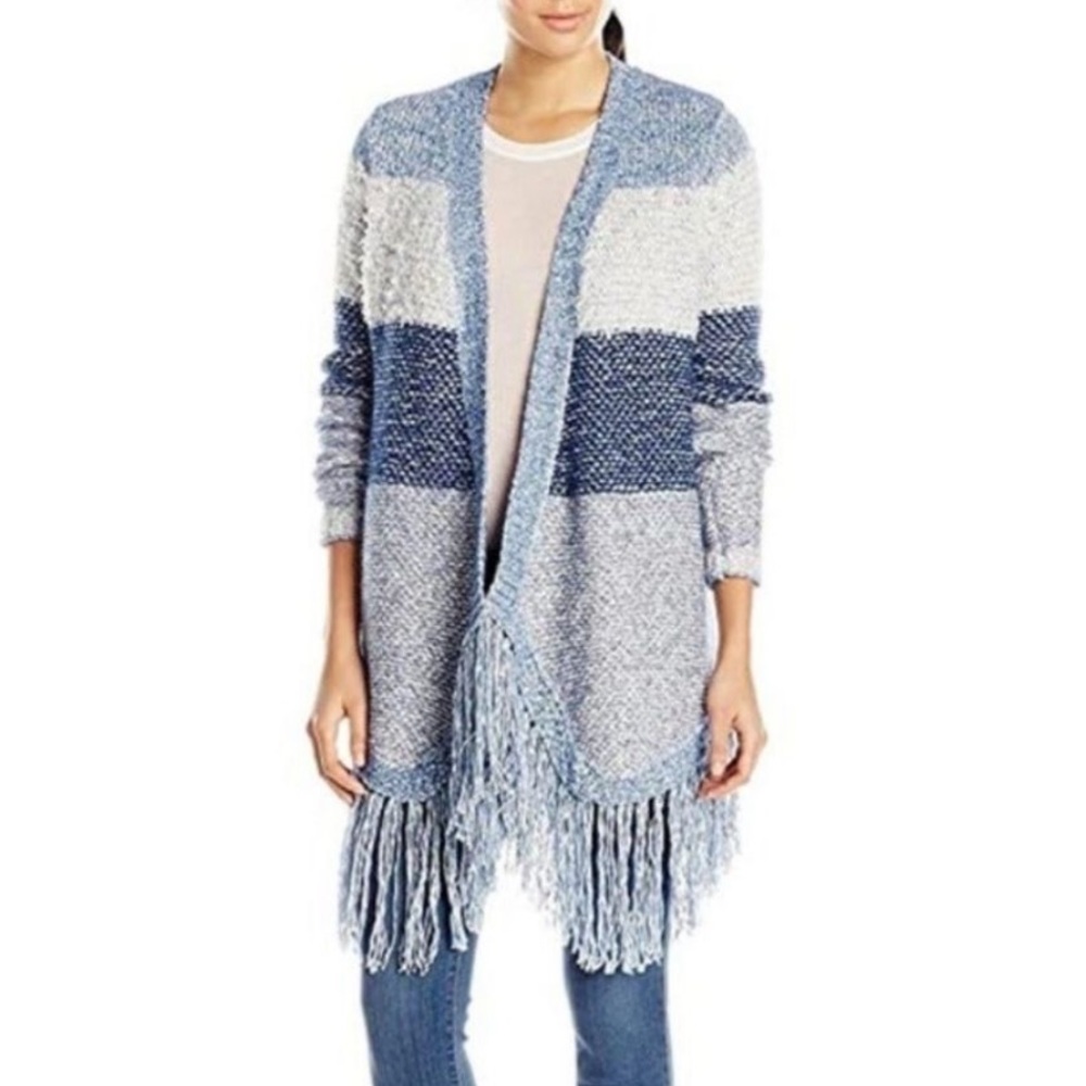 Lucky Brand Blue Fringe Wool Blend Striped Cardigan Longline Sweater Boho